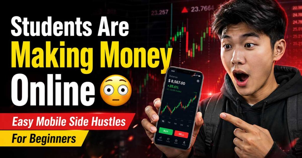 Asian student using mobile phone for online side hustles and online earning