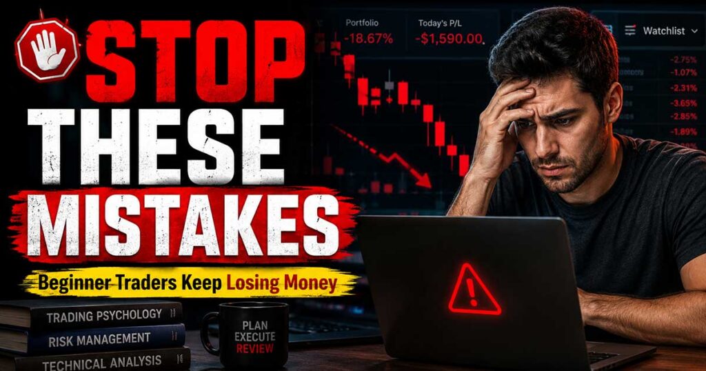 Beginner trader avoiding common trading mistakes while analyzing candlestick charts