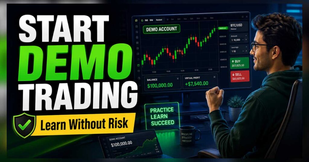 Beginner using a demo trading account on a virtual trading platform with candlestick charts