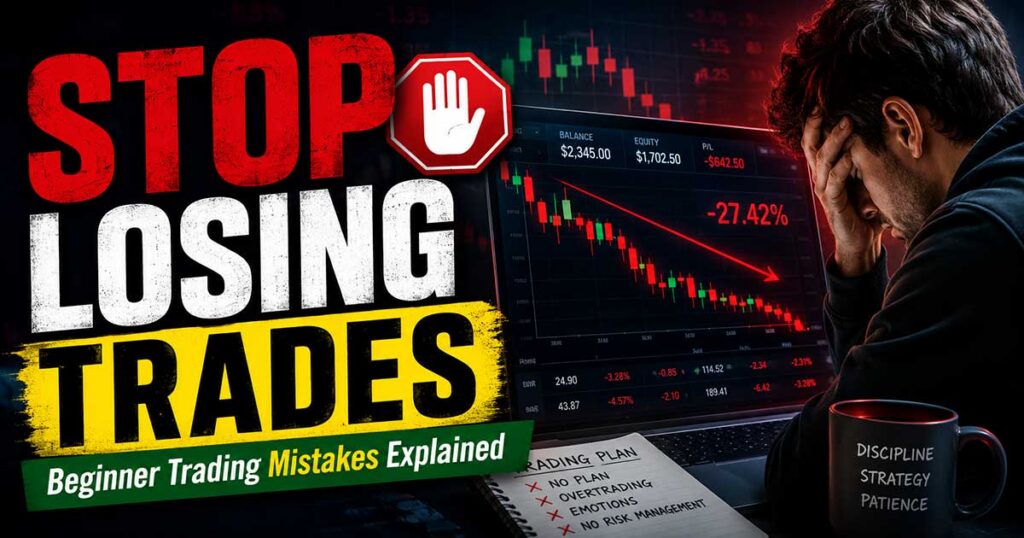 Beginner trading mistakes and emotional trading concept with bearish candlestick chart