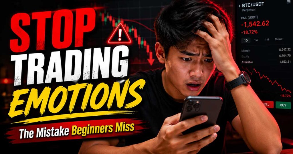 Emotional trading mistakes beginner trader reacting to losses on mobile trading app