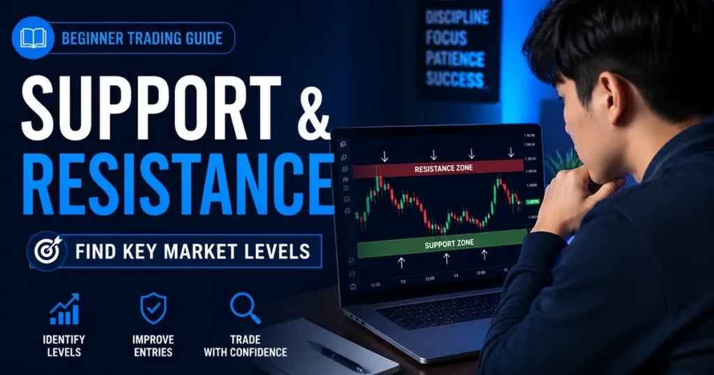 Support and Resistance trading guide thumbnail for beginners.